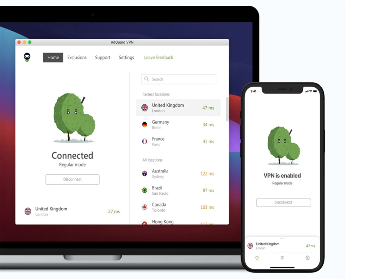 This graphic shows encrypted network connections and a shield icon representing AdGuard VPN and ad blocker software.