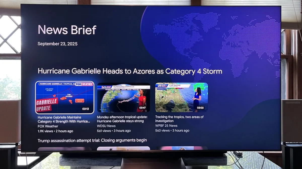 A Google TV interface showing voice command options for adjusting picture and audio settings.