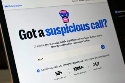 Malwarebytes free scam number lookup utility interface displaying call verification results.