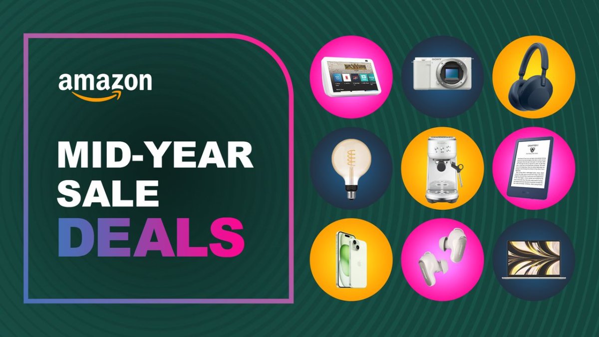 Amazon 2026 Mid-Year Sale banner displaying discounts on consumer electronics and smart home devices.