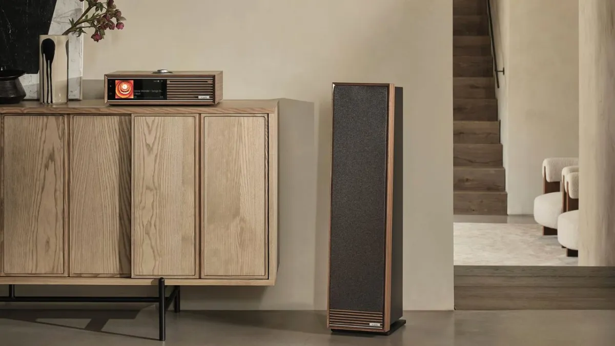 Ruark heritage-style music console with slimline speakers, CD player, vinyl turntable, and hi-res music streaming.