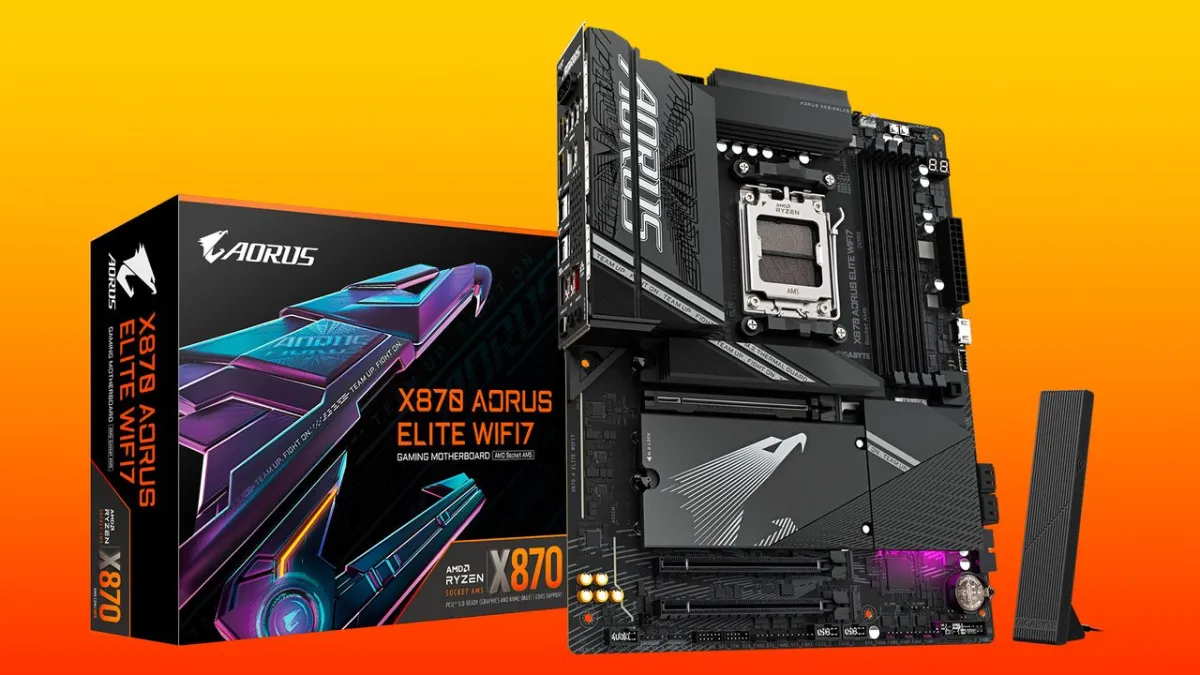 Top-down view of the Gigabyte X870 Aorus Elite WiFi7 motherboard showing the AM5 socket and VRM heatsinks.