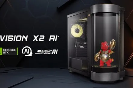 MSI MEG Vision X2 desktop featuring the cylindrical AI Holostage display and LuckyClaw AI companion.