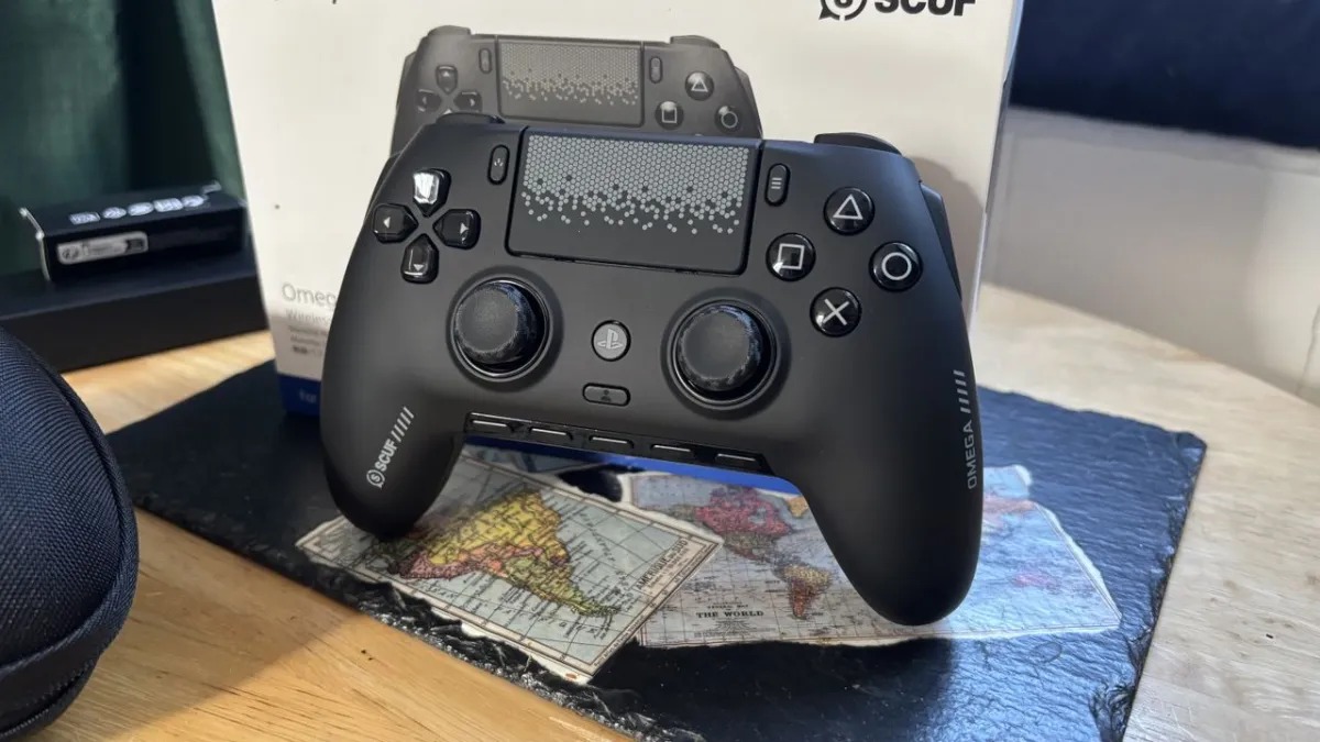 Scuf Omega PS5 controller displaying its modular design and adjustable hardware components.