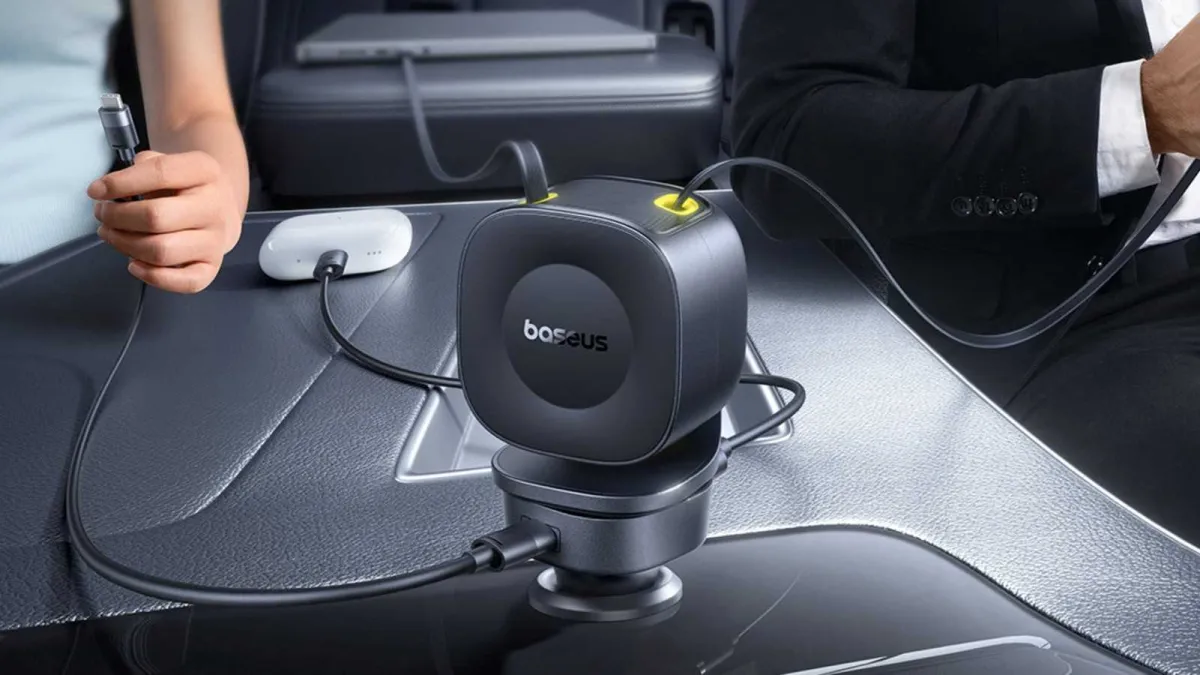 The Baseus PrimeTrip VR2 Max car charger features dual retractable cables and multiple output ports.