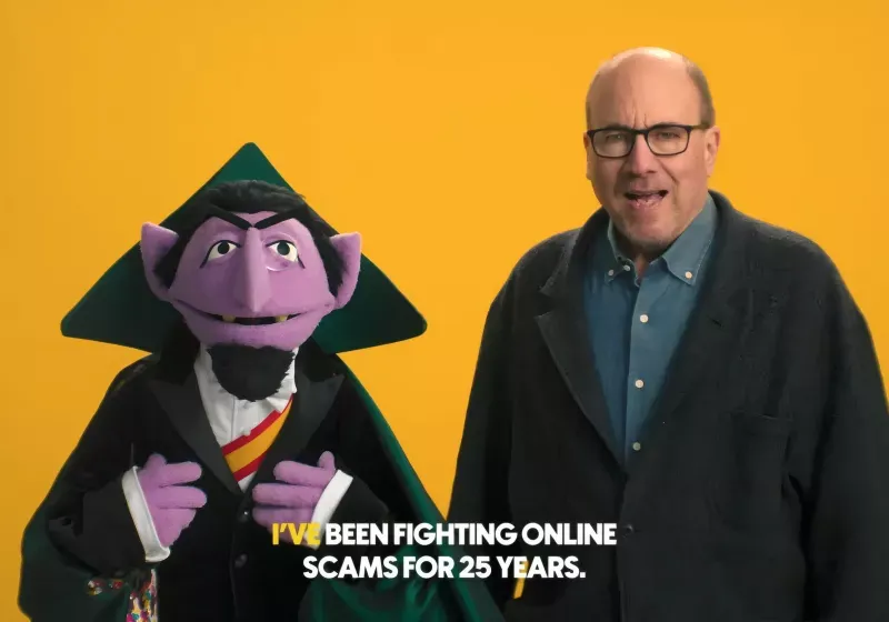 Promotional graphic featuring Craig Newmark and Count von Count for the Take9 online safety campaign.