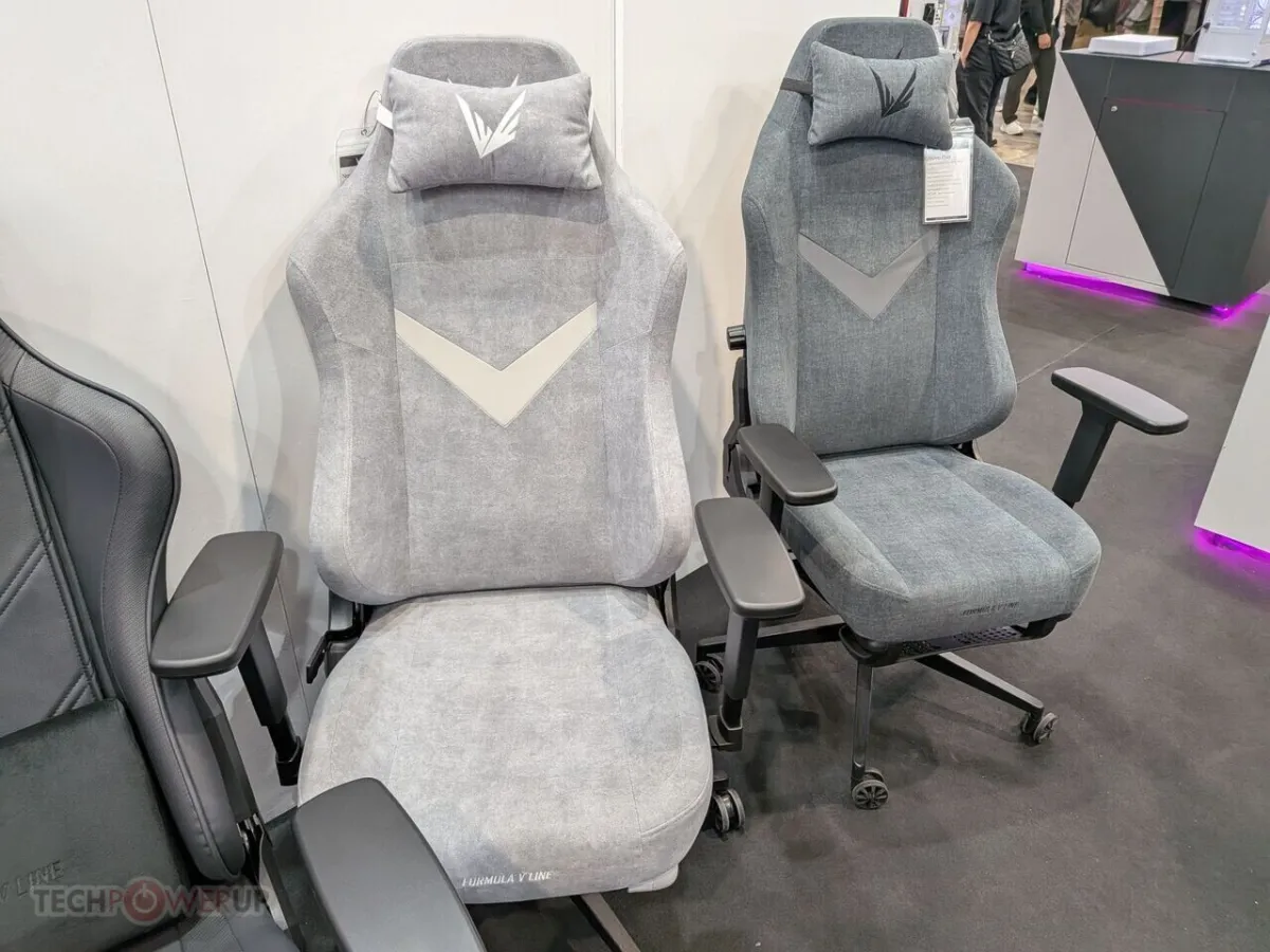 A Formula V Line Solen gaming chair with motorized recline, retractable footrest, and massage system sits at Computex 2026.