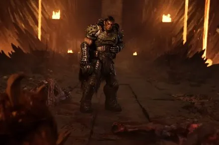 The image displays DOOM Dark Ages Revelations expansion artwork featuring the Chain Spear weapon in a purgatory setting.