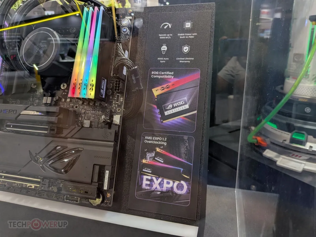 Silicon Power XPower DDR5 memory and SSDs displayed at Computex 2026, showing ARGB lighting and ROG certification.