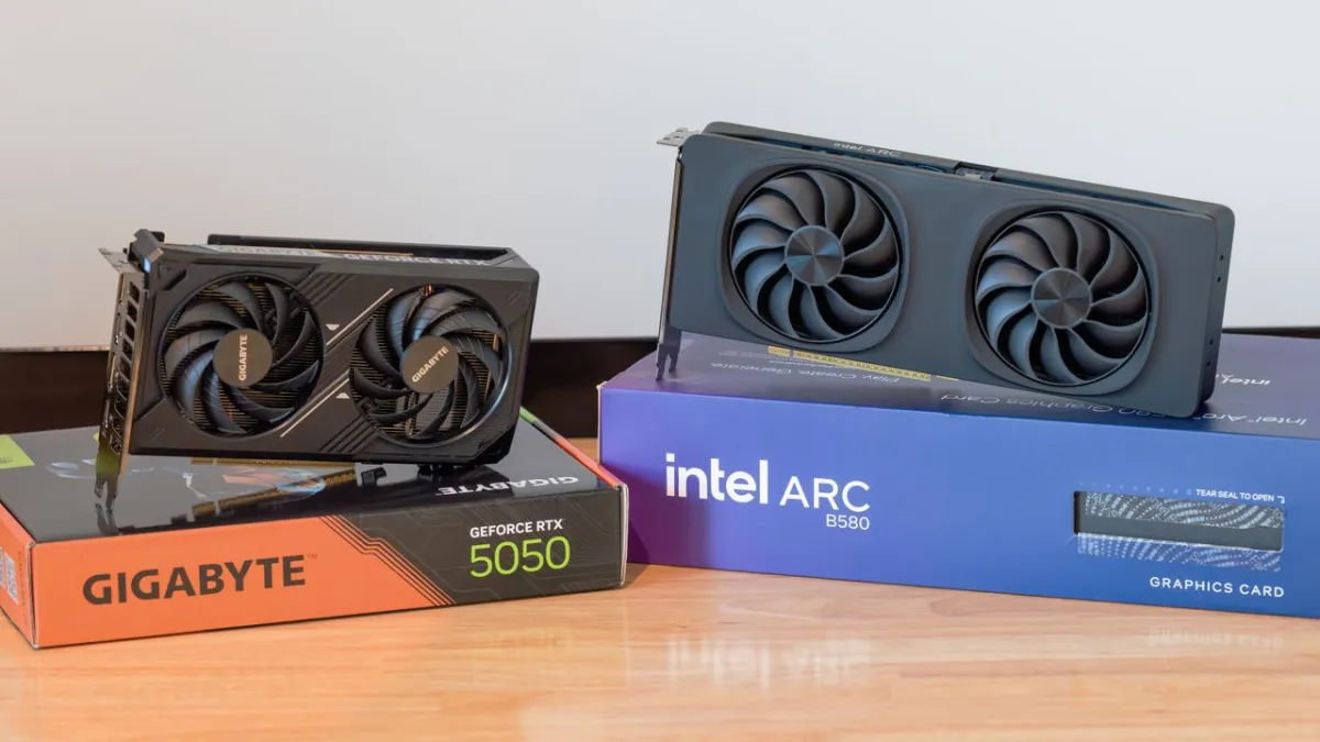 The SteamOS desktop runs on an Intel Arc B580 GPU using a workaround with older system images and a temporary Radeon card.