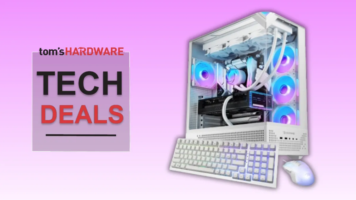 The iBuyPower liquid-cooled gaming desktop features an RTX 5070 GPU and a Ryzen 7 7800X3D CPU.