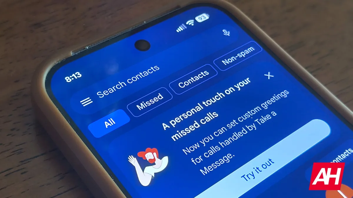 Google Pixel interface for recording a custom voicemail greeting within the Take A Message feature.