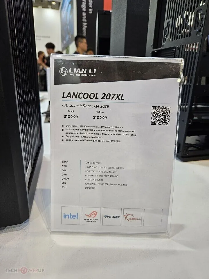 The exhibit displays updated Lian Li full and mid tower PC chassis with wood panels and modular thermal designs.