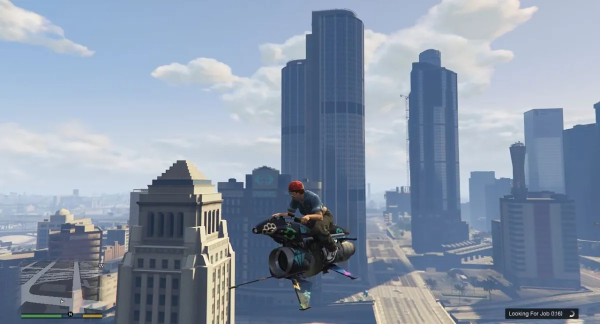 A flying motorcycle hovers above a city street in Grand Theft Auto Online.