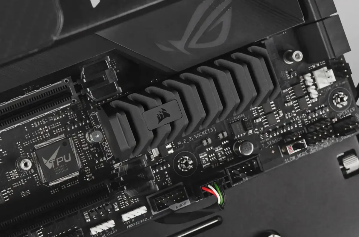 Close-up view of a PCIe 4.0 M.2 solid state drive installed on a computer motherboard