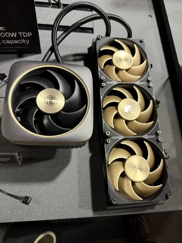 Cooler Master displays its hybrid CPU cooler and Master Flow GPU fans at Computex 2026.