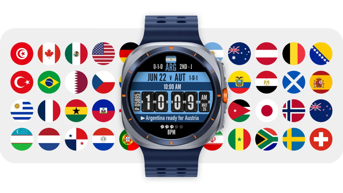 The Wear OS smartwatch displays the Kick It watch face with live World Cup scores and team standings.
