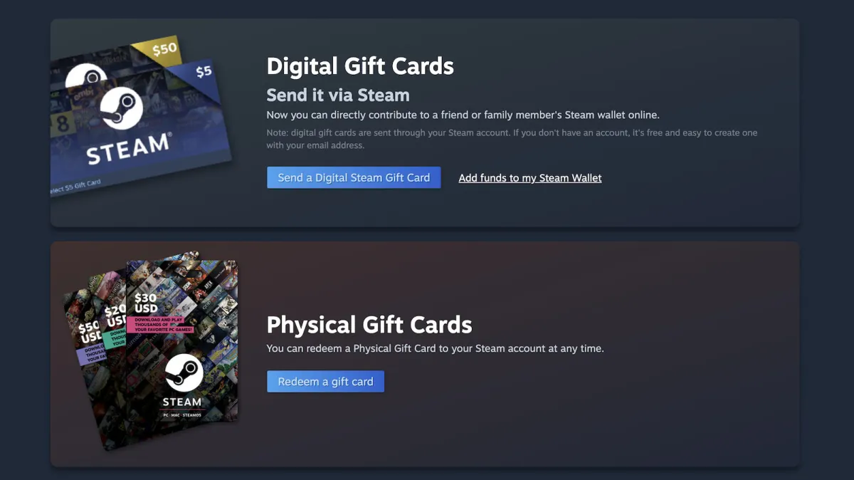 A physical Steam gift card rests on a desk beside a computer monitor.