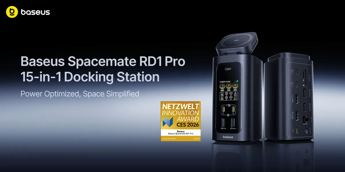 The Baseus Spacemate RD1 Pro docking station includes fifteen ports for charging, data transfer, and display connectivity.