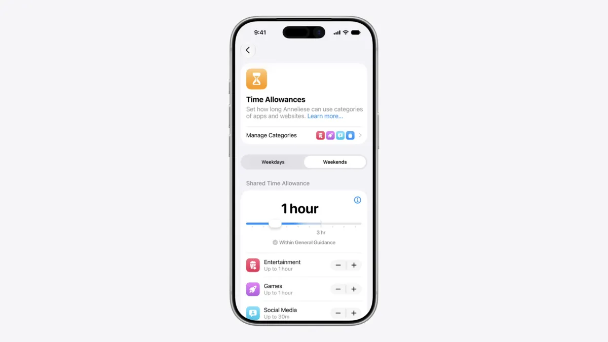 The interface displays flexible time allowances for entertainment, games, and social media categories on iOS and macOS.
