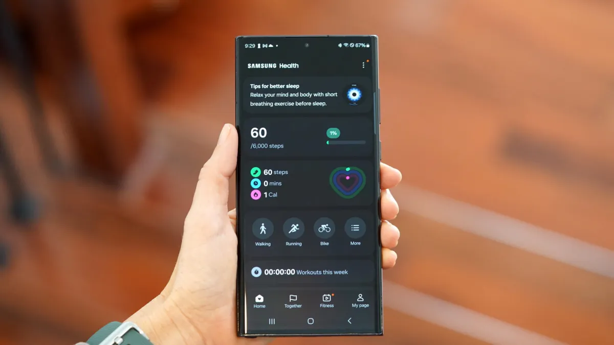 The updated Samsung Health interface displays AI metrics and wellness tracking features for Galaxy Watch 9 integration.