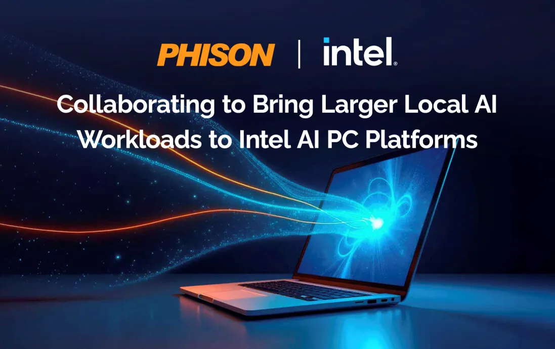 Phison and Intel partnership diagram showing integrated Core Ultra processors and storage controllers for local AI.