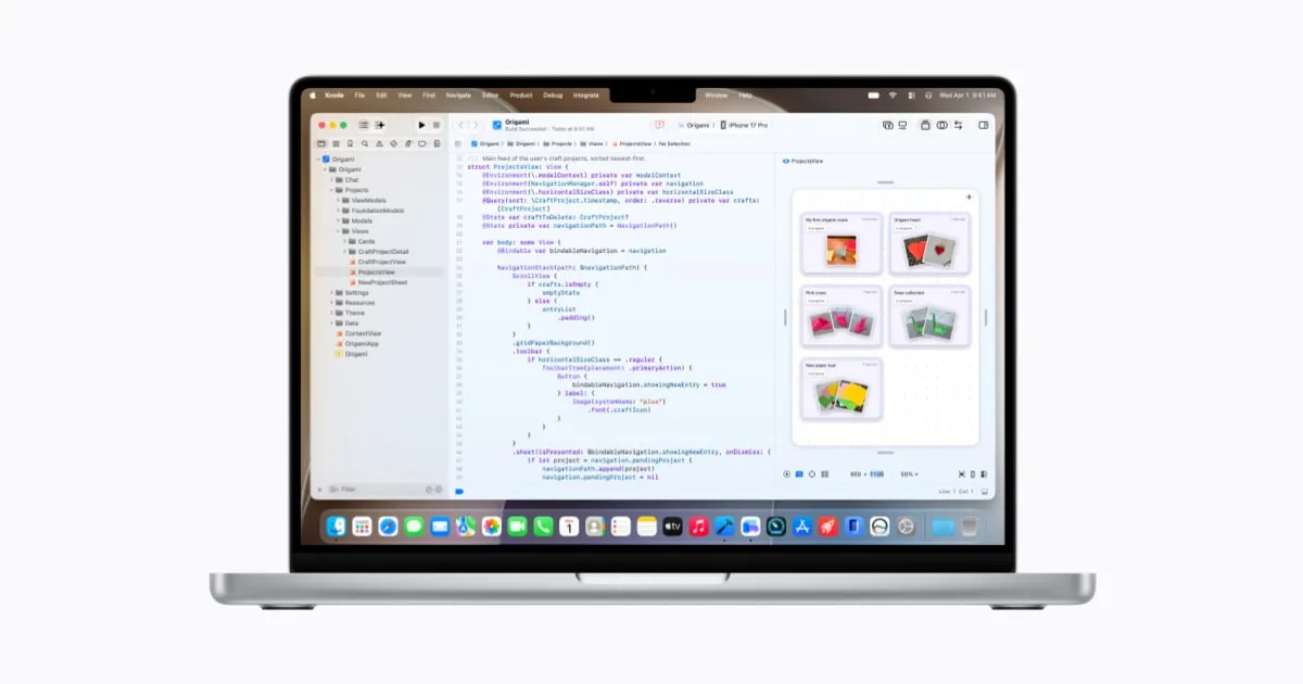 The Xcode 27 interface displays expanded intelligence frameworks and agentic coding tools for developers.