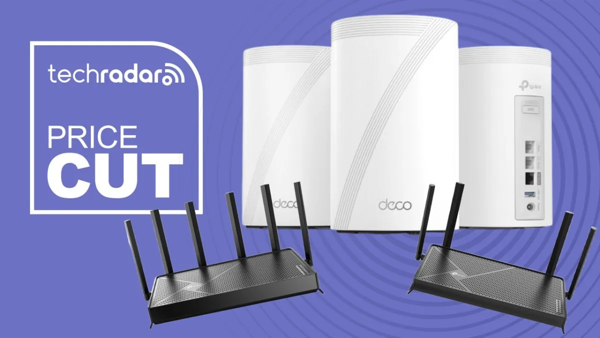 A TP-Link Wi-Fi 7 router features multiple ethernet ports and external antennas.