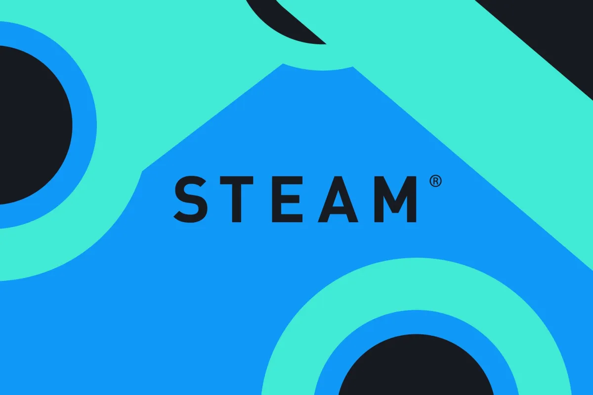 A physical Steam gift card rests on a retail display stand.