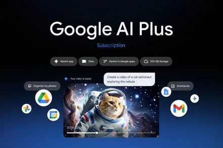 Graphic illustrating the Google AI Plus monthly price reduction and doubled cloud storage allocation.