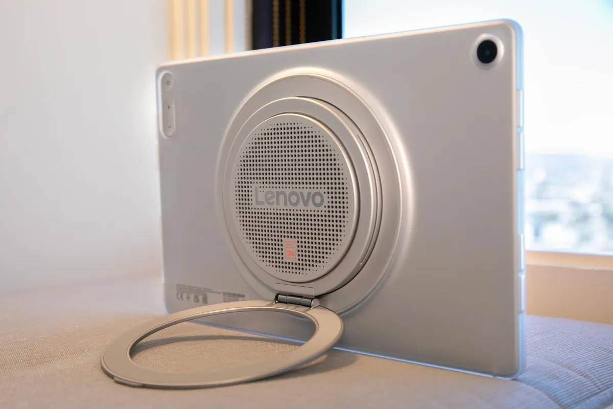 The Lenovo Tab Plus Gen 2 tablet displays its rear speaker array and rotating kickstand.