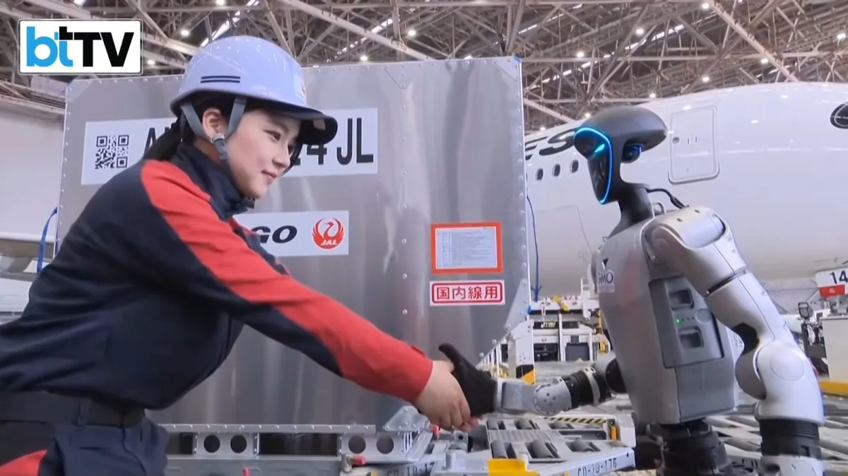 Humanoid robots work as baggage handlers at Tokyo airport.