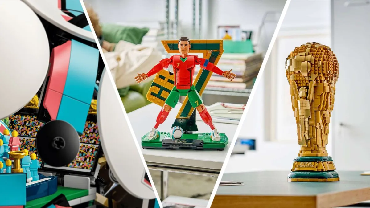 A LEGO World Cup set displays a detailed mini stadium, player figures, and a replica trophy on a baseplate.