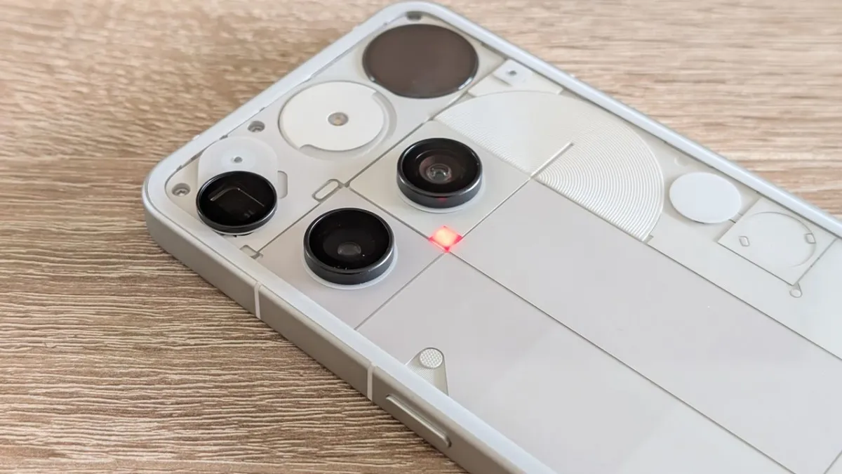 The Nothing Phone 3 smartphone displays its transparent back panel and distinctive LED lighting array.