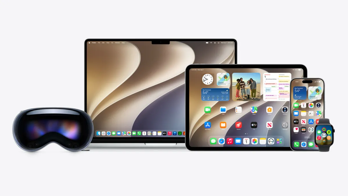 The image displays Apple developer platforms featuring updated software frameworks and artificial intelligence capabilities.