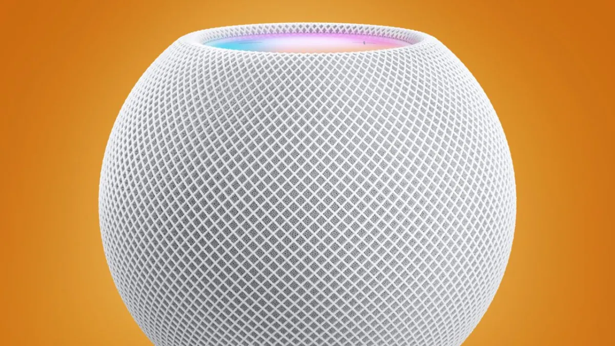 Apple HomePod mini and Apple TV 4K devices display an updated Siri artificial intelligence interface.