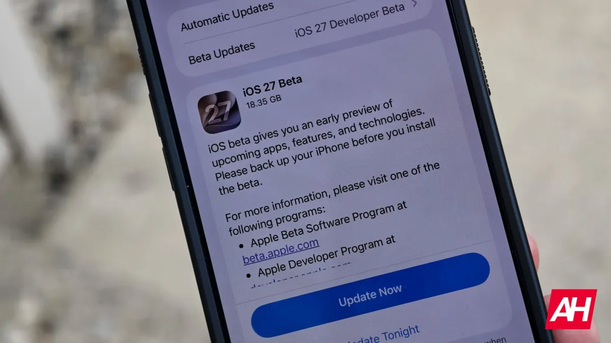 An iPhone screen displays the iOS 27 beta software update interface.