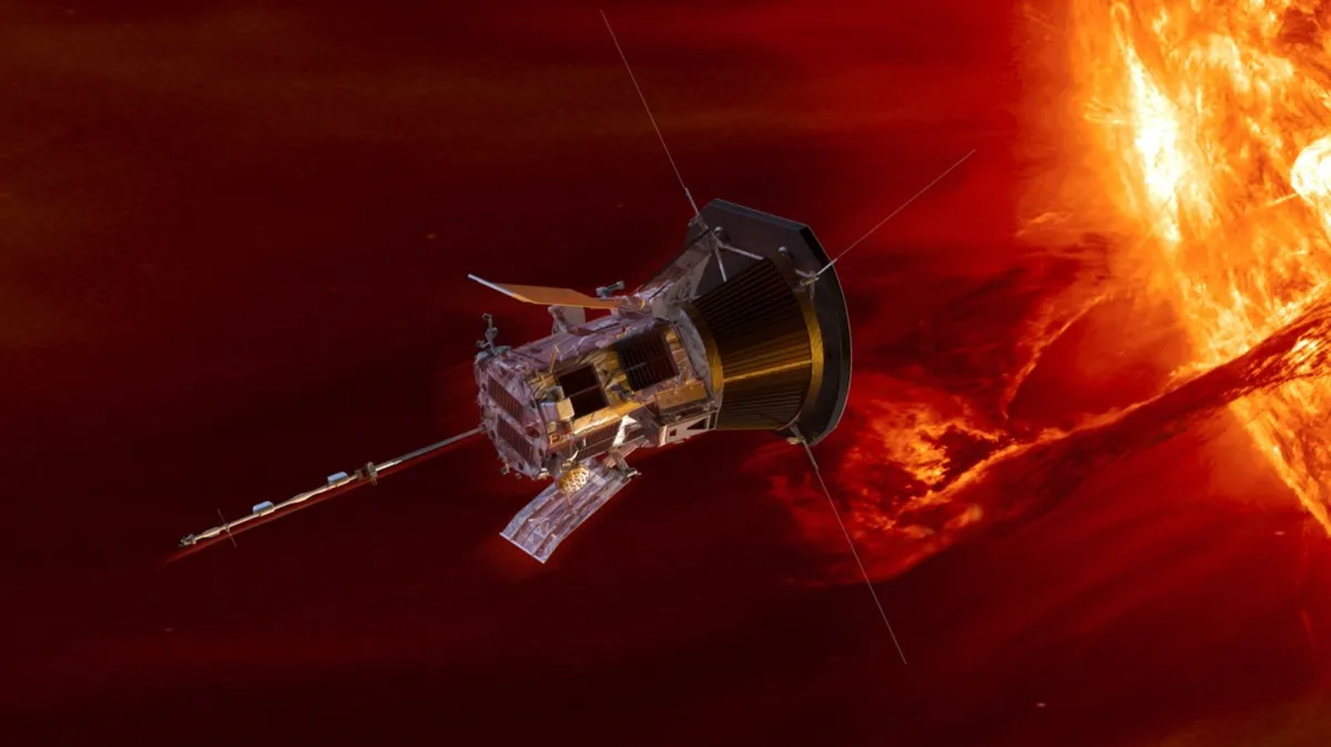 The Parker Solar Probe orbits the sun above a solar farm illustrating renewable energy milestones.