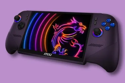 The MSI Claw 8 EX AI+ handheld gaming device is shown from the front with its controls and screen visible.