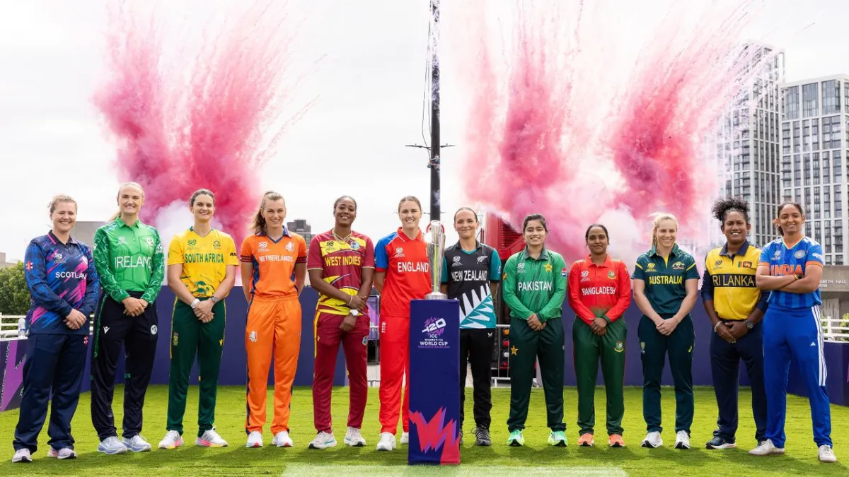 The broadcast graphic displays official tournament scheduling details for the ICC Women's T20 World Cup 2026.