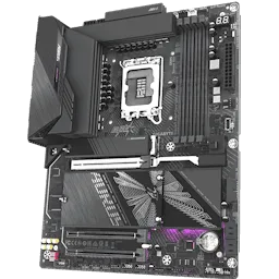 Gigabyte Z890 Aorus Elite Wi-Fi7 Plus motherboard showing PCIe Gen 5 slots, M.2 heatsinks, and rear USB ports.