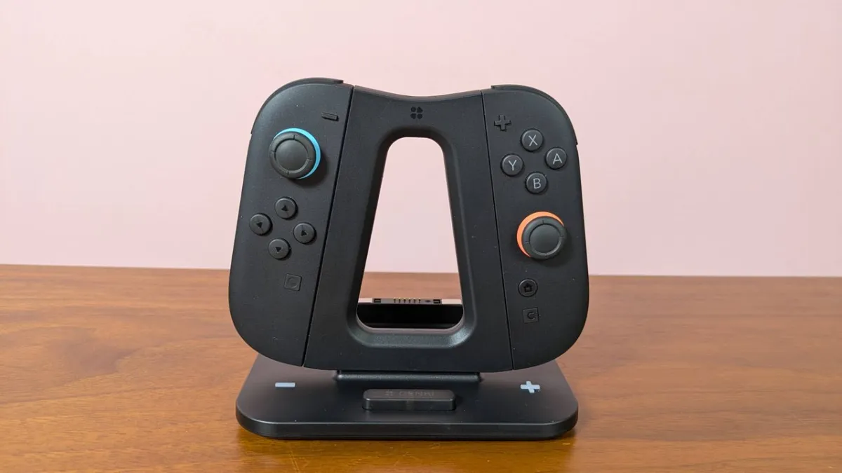 The Genki Dual Wield charging station holds two Nintendo Switch 2 Joy-Con controllers in its compact magnetic dock.