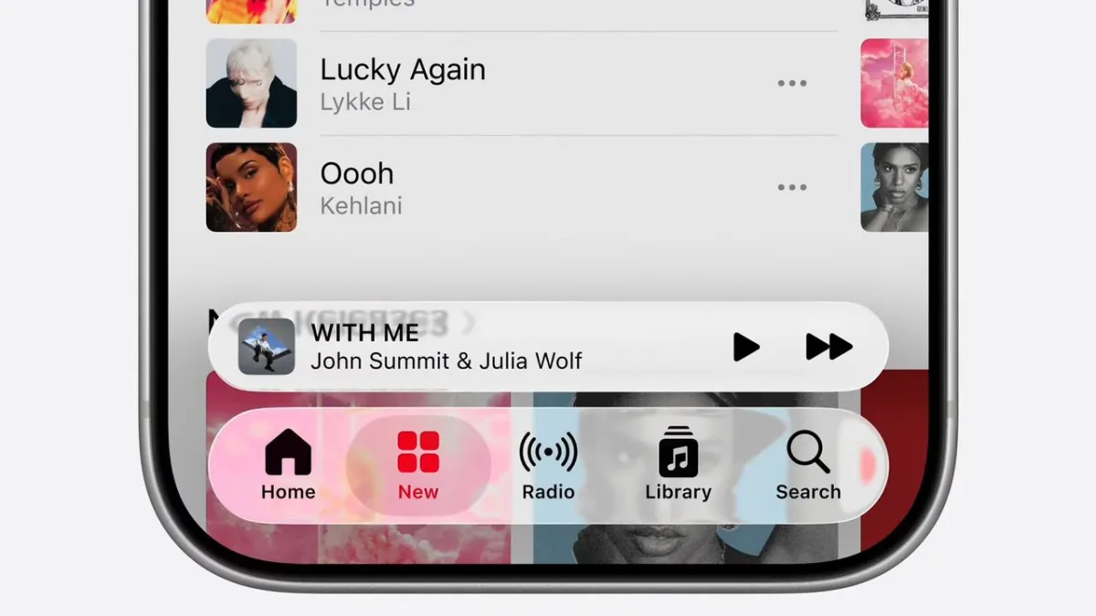 The Apple Music iOS 27 interface displays updated artist page controls and playback settings.