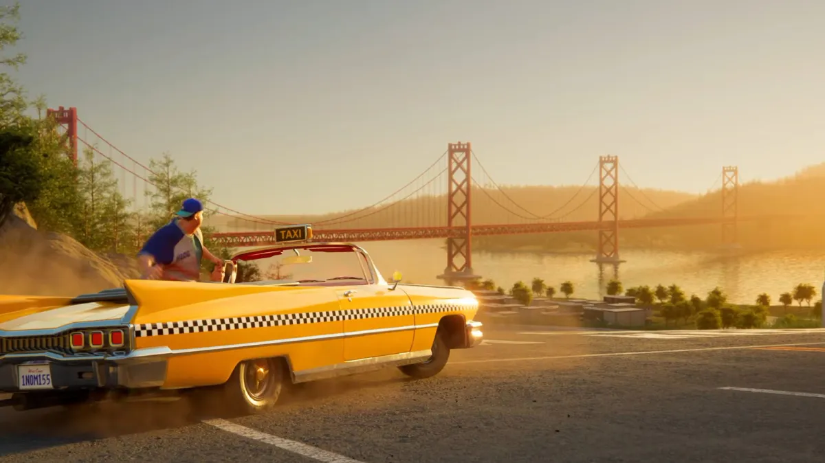A yellow taxi navigating a San Francisco-inspired cityscape in the 2027 Crazy Taxi reboot.