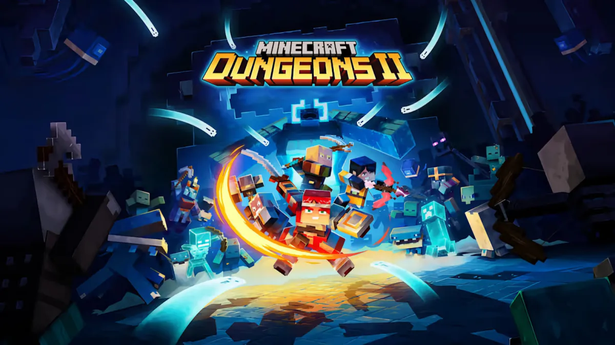 Minecraft Dungeons II promotional artwork displays blocky characters navigating a dark dungeon environment.