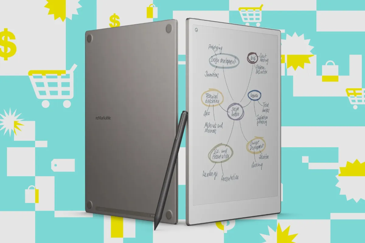 A refurbished Remarkable Paper Pro tablet sits next to its folio cover and stylus on a desk.