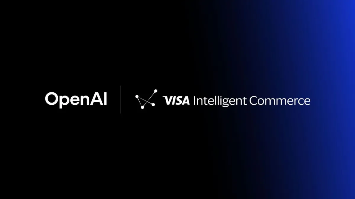 The graphic illustrates the OpenAI and Visa partnership for secure AI agent transactions.
