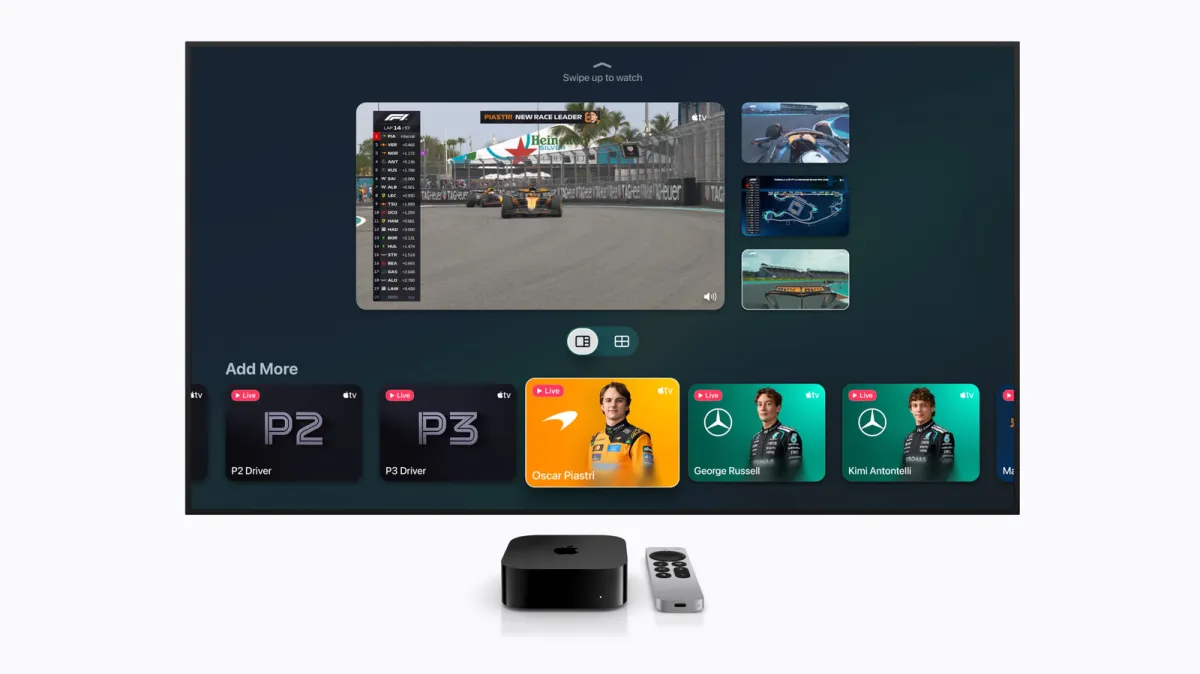 The Apple TV 4K multiview interface displays four simultaneous live sports broadcasts with customizable audio routing.
