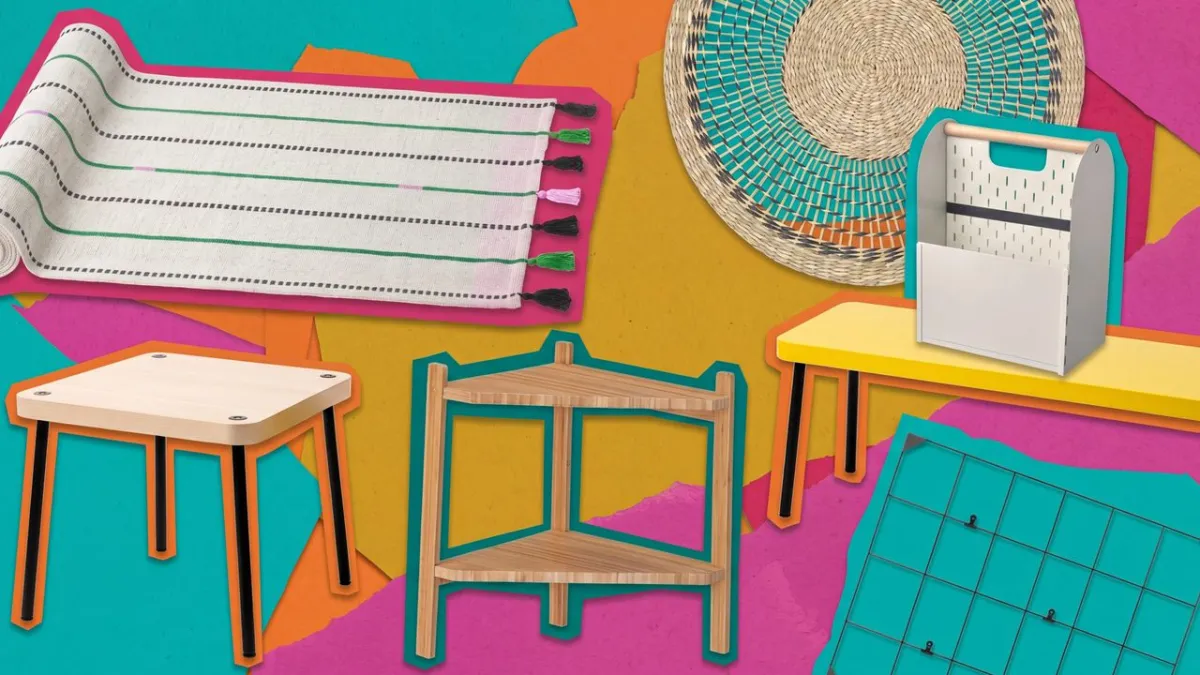 Discounted storage furniture and decorative home accessories are displayed on retail shelves during the IKEA summer sale.