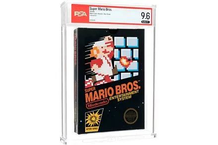 A sealed Super Mario Bros. cartridge with a rare gloss sticker label is graded at the highest possible tier.